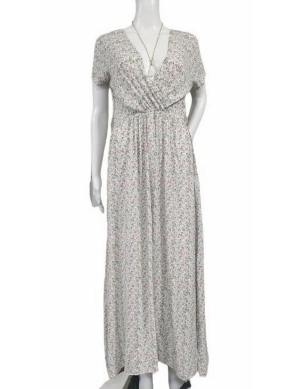 Made In Italy Short Sleeve Floral Print V Neck Maxi Dress White Pink Women's L - Picture 2 of 13